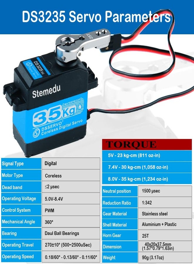 Stemedu High Torque 35KG RC Steering Servo DS3235SG 7.4V Waterproof Coreless Motor Digital Servo Stainless Steel Metal Gear Servo for 1/8 1/10 1/12 RC Car/Boat (Pack of 2, 270 Degree) - Image 3